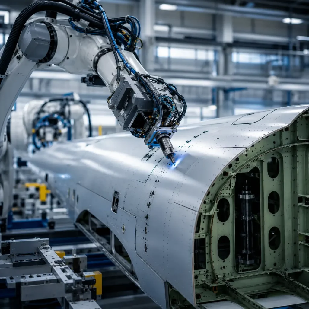 Brazo robótico trabajando sobre fuselaje de avión