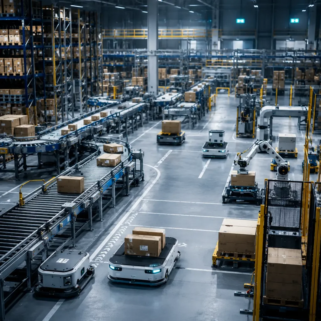 Almacén automatizado con robots móviles y cintas transportadoras