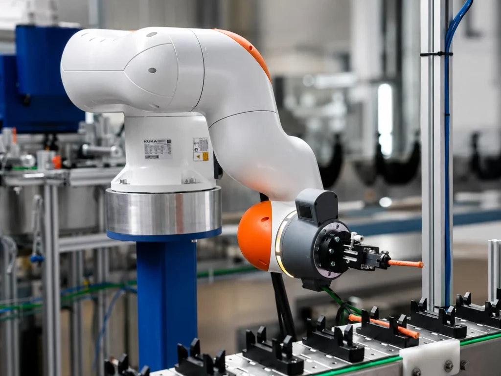 Brazo robótico industrial manipulando cables en una línea de producción