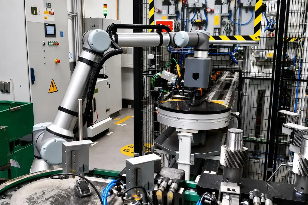 Brazo robótico industrial en una célula de producción automatizada