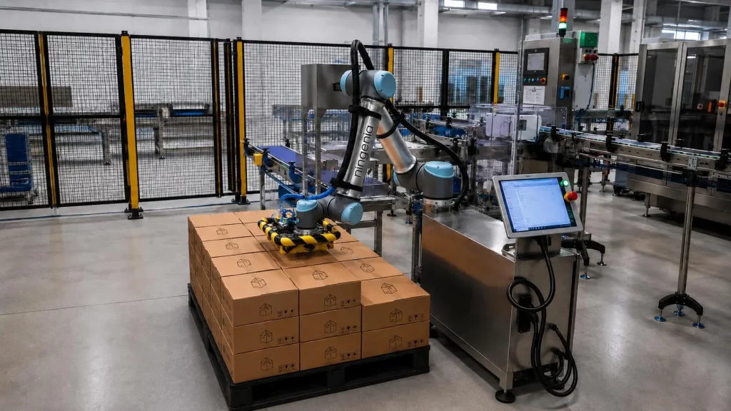 Robot industrial paletizando cajas de cartón en una fábrica