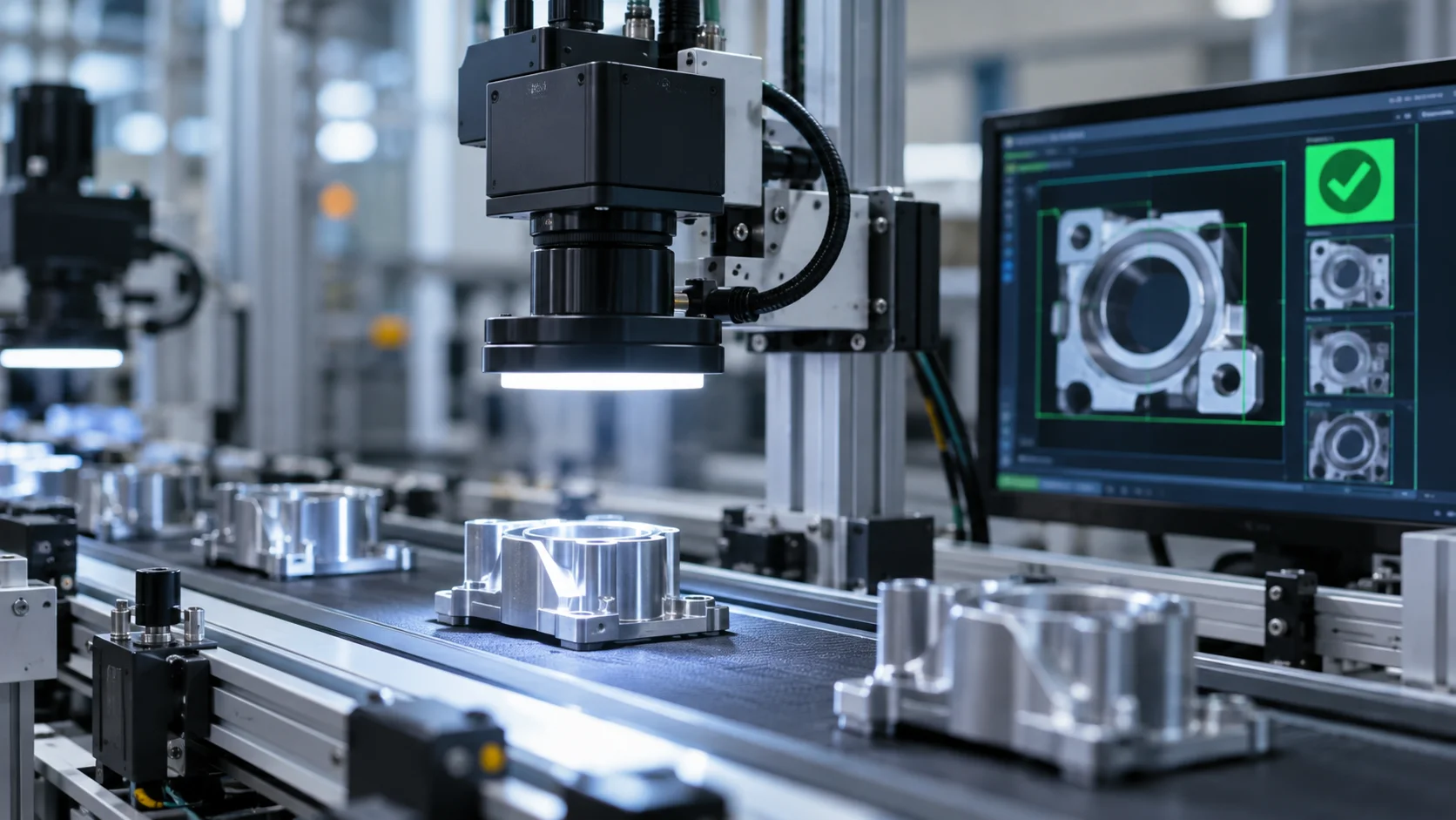Sistema de visión artificial inspeccionando piezas metálicas industriales