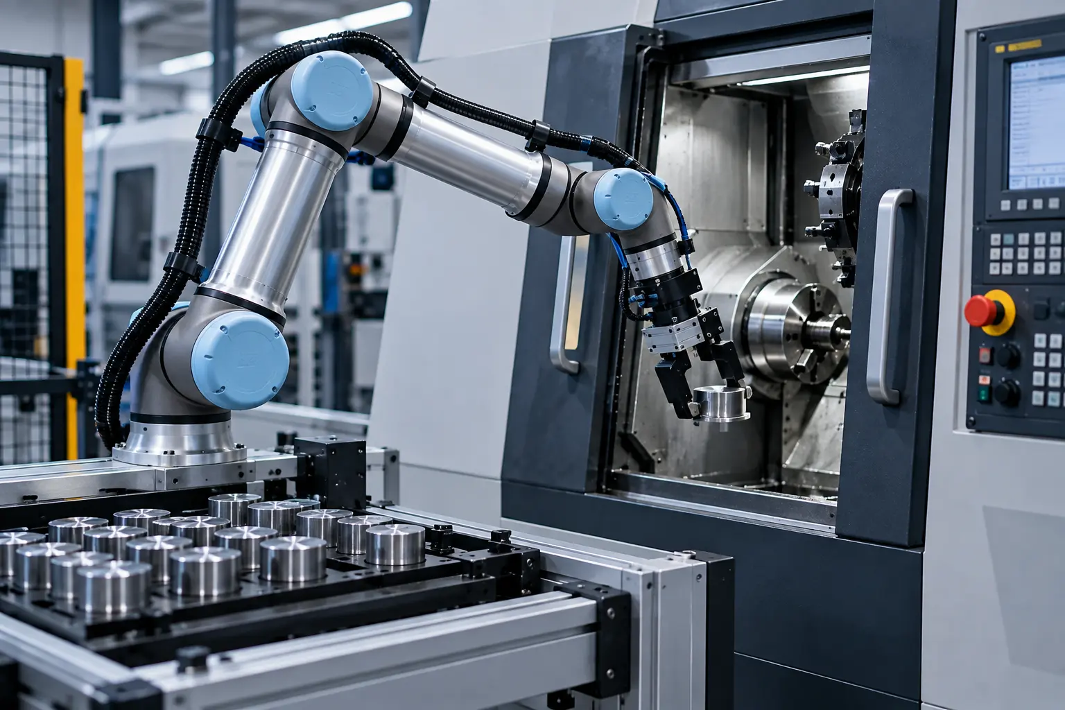 Brazo robótico carga piezas en máquina CNC