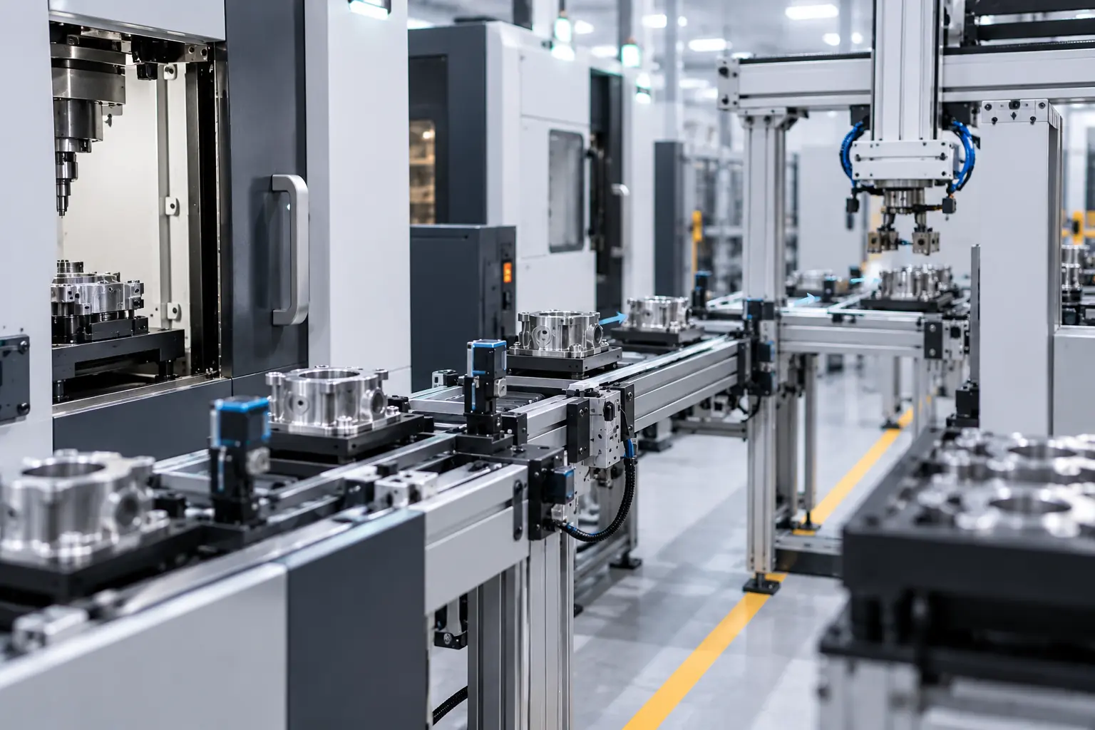 Línea automatizada de mecanizado con robots y piezas metálicas