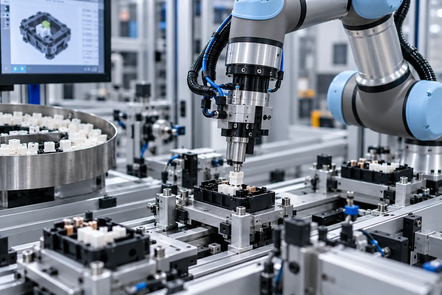 Brazo robótico ensamblando piezas en una línea industrial