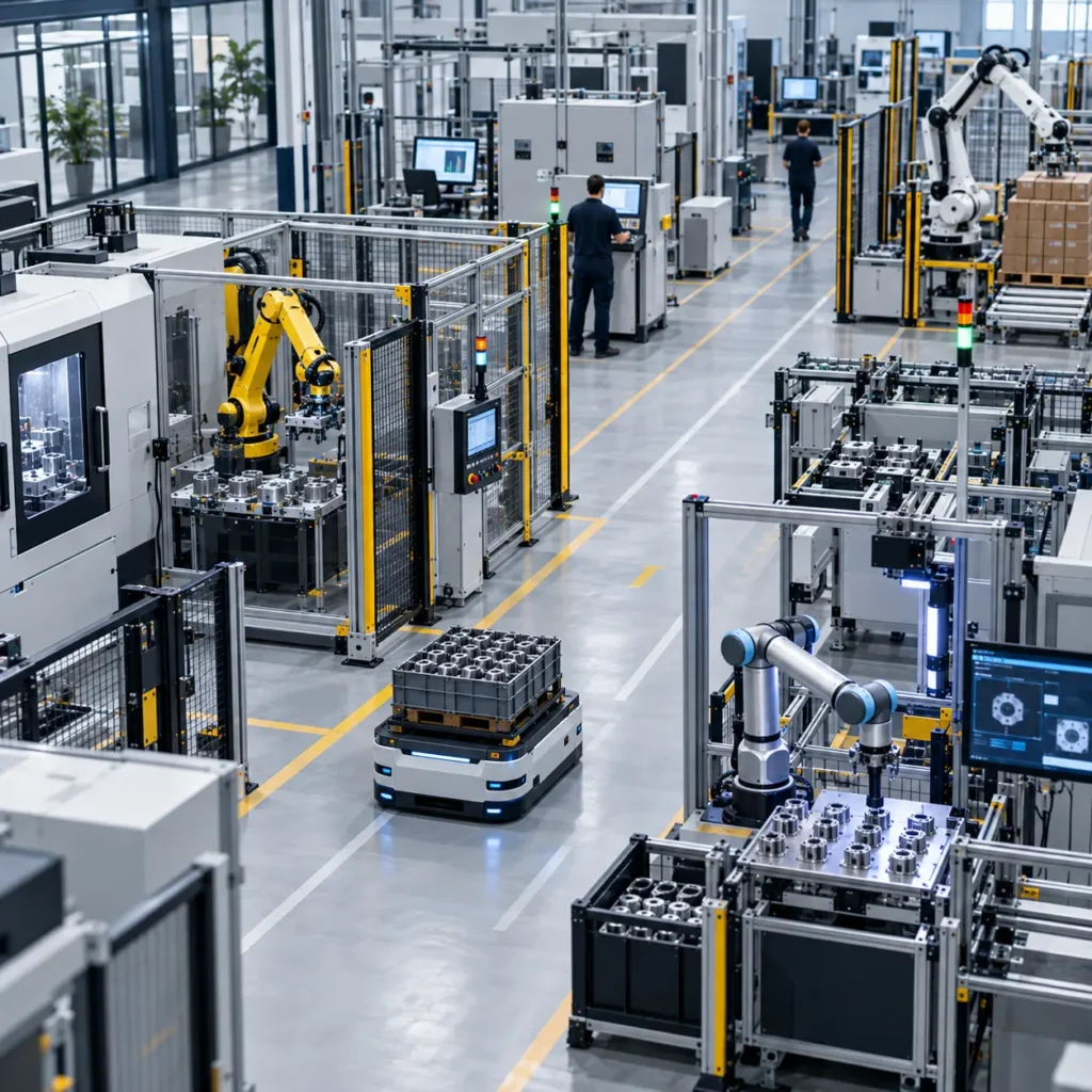 Fábrica automatizada con robots industriales y vehículo autónomo