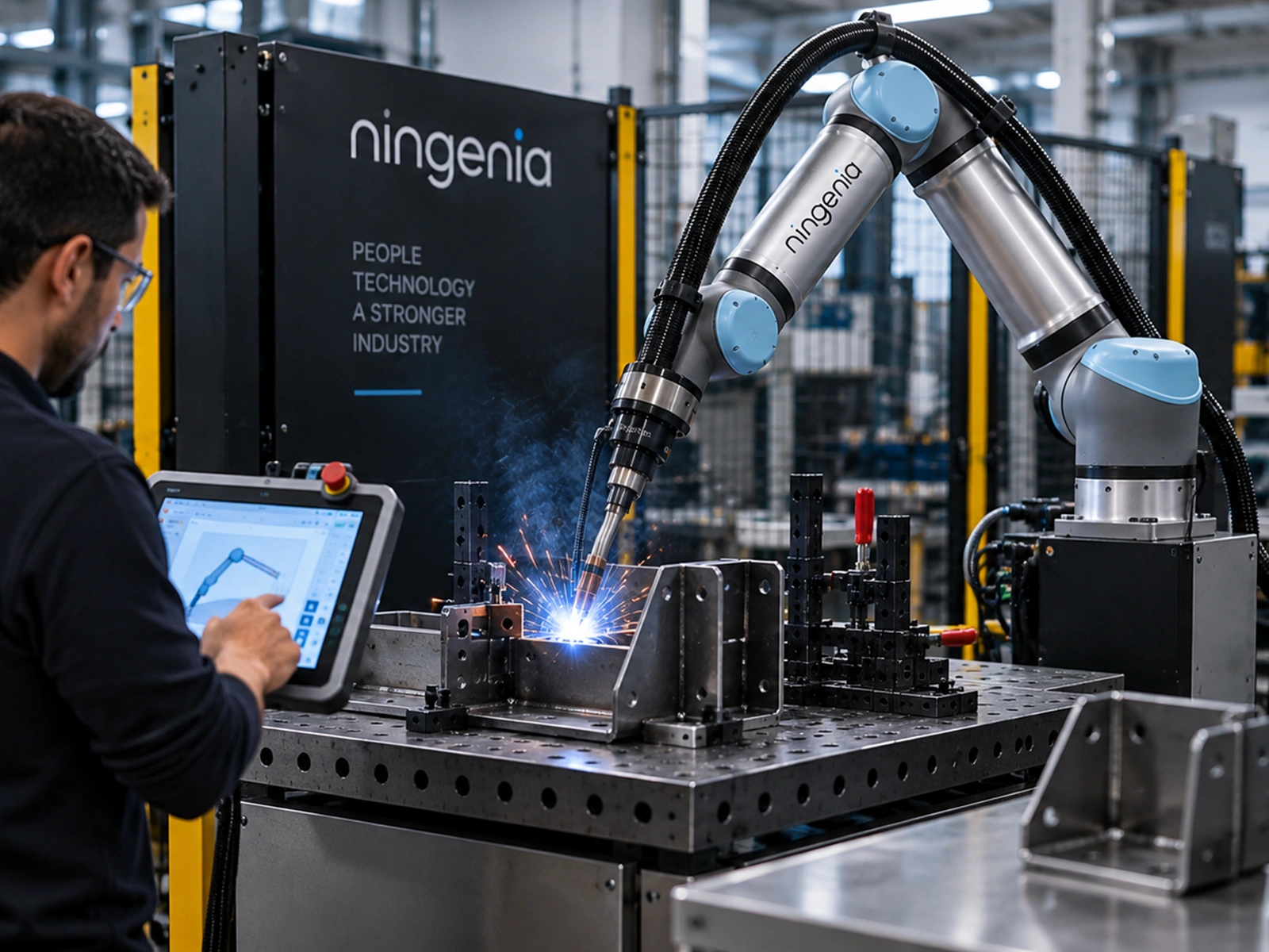 Robot industrial soldando metal mientras un operario lo supervisa