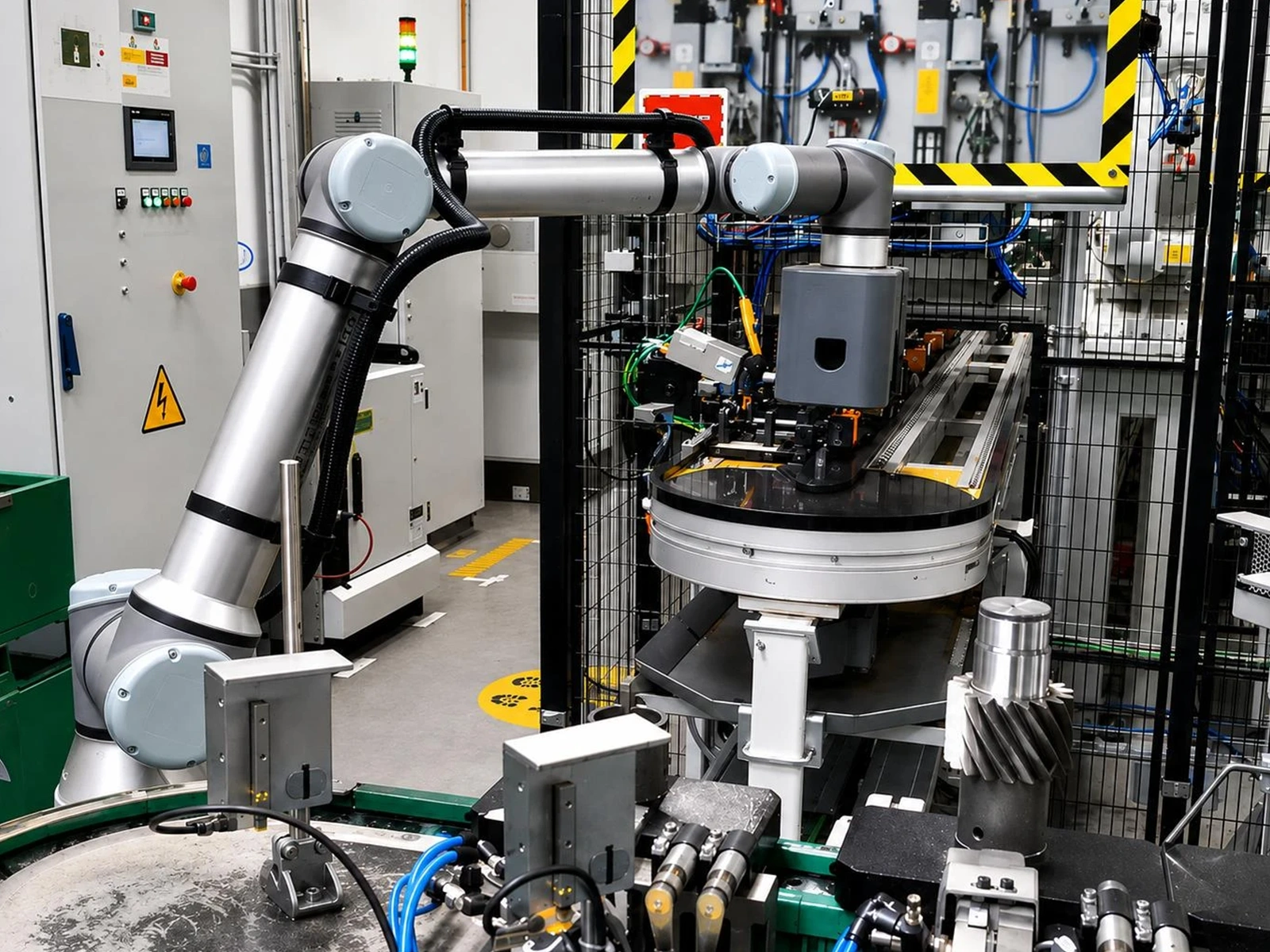 Brazo robótico industrial en una célula de fabricación