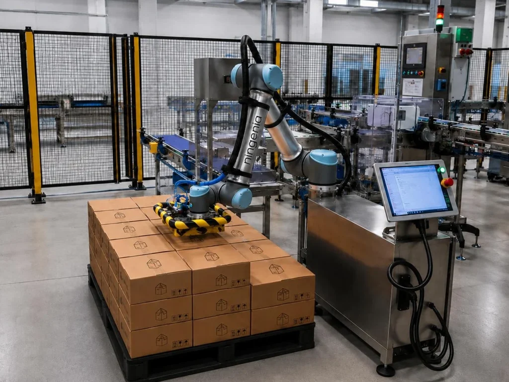 Robot colaborativo paletizando cajas en una fábrica