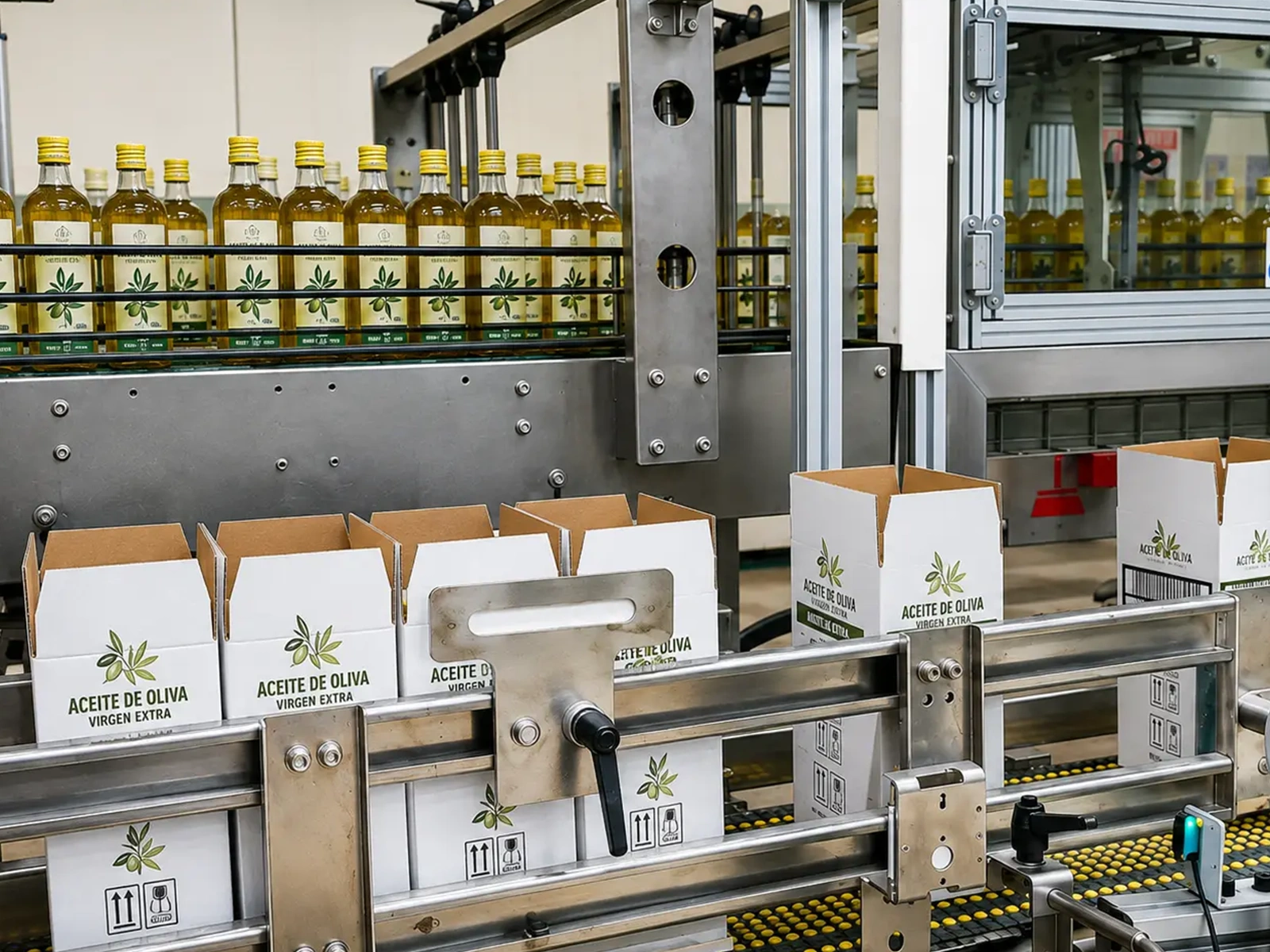Línea automatizada de embotellado y envasado de aceite de oliva
